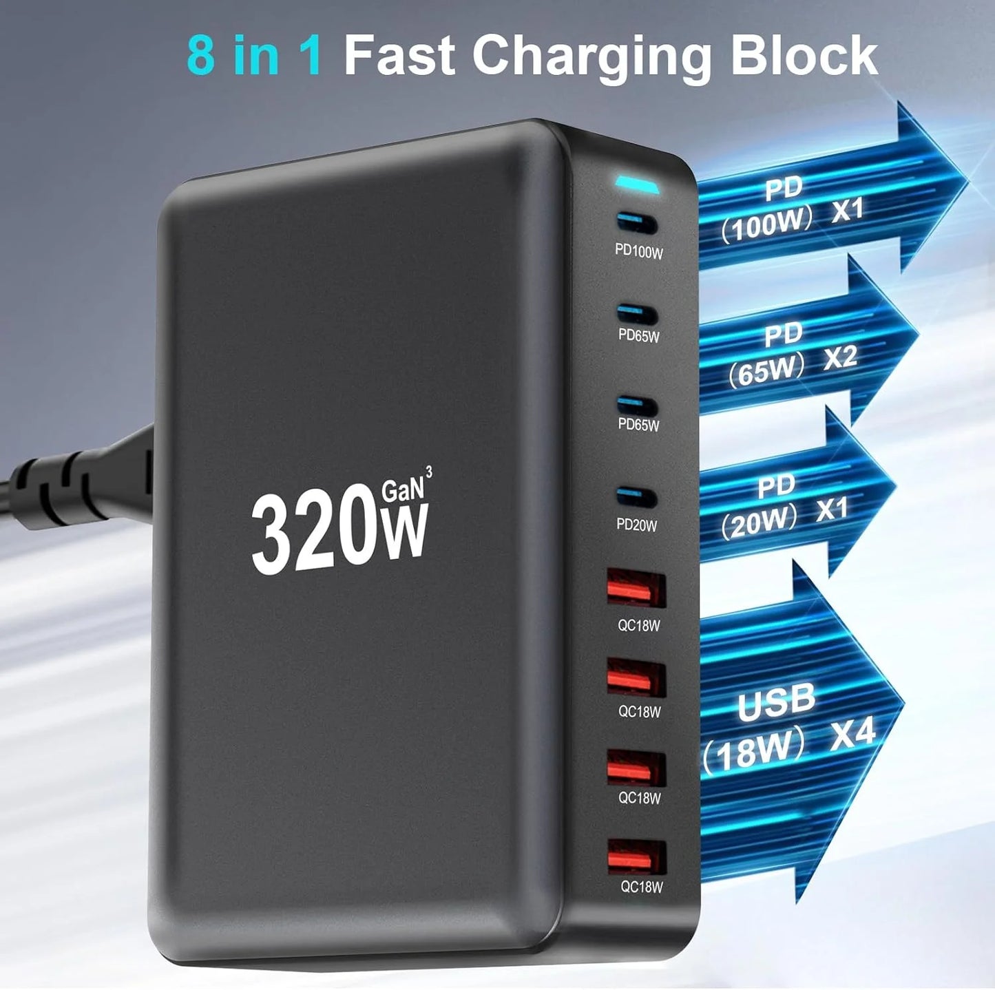 8-Port GaN USB-C Tisch-Ladestation (320W-600W) | PD Schnellladegerät für Laptop & Handy