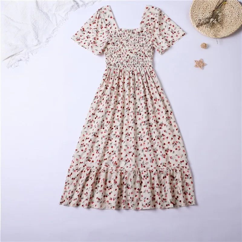 Frühlings-Sommer Chiffon Midikleid für Damen - Geblümt, Plissiert & Rückenfrei