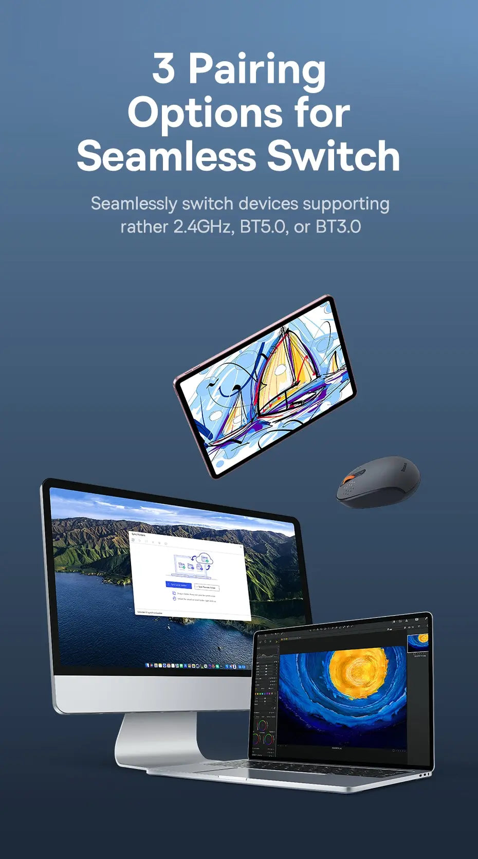 Baseus F01B Kabellose Maus - Bluetooth 5.0 & 2.4G - 1600 DPI Leiser Klick - Kompatibel mit MacBook, Tablet, Laptop, PC