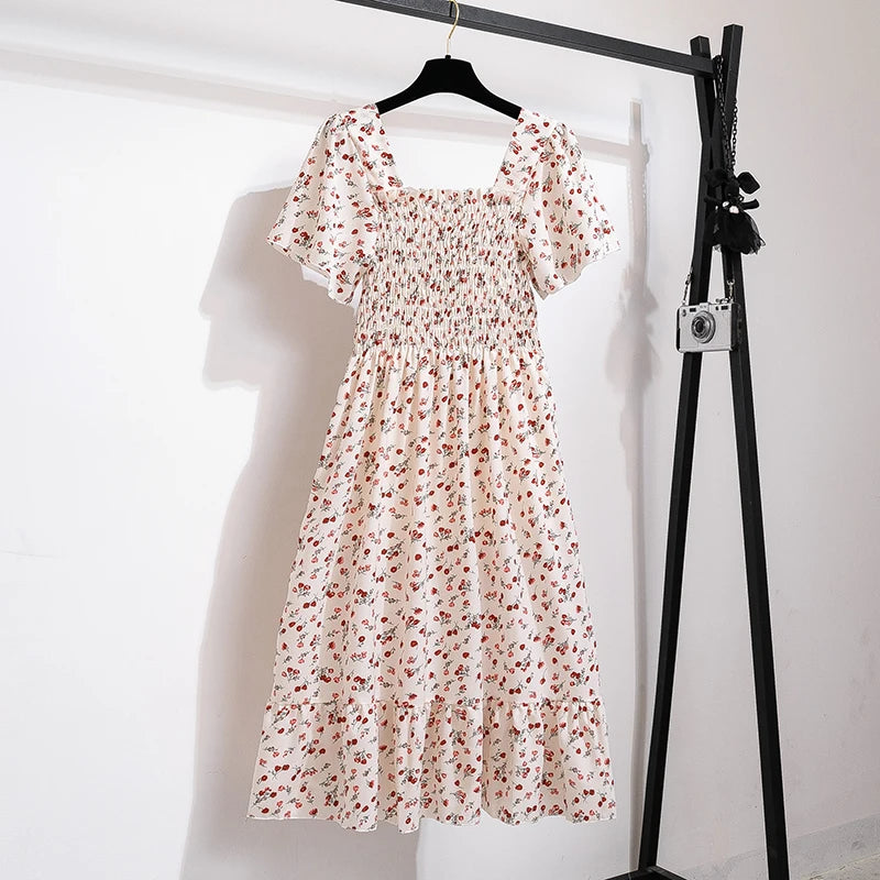 Frühlings-Sommer Chiffon Midikleid für Damen - Geblümt, Plissiert & Rückenfrei