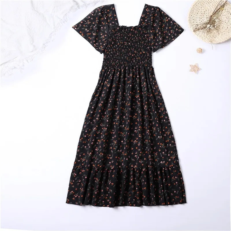 Frühlings-Sommer Chiffon Midikleid für Damen - Geblümt, Plissiert & Rückenfrei