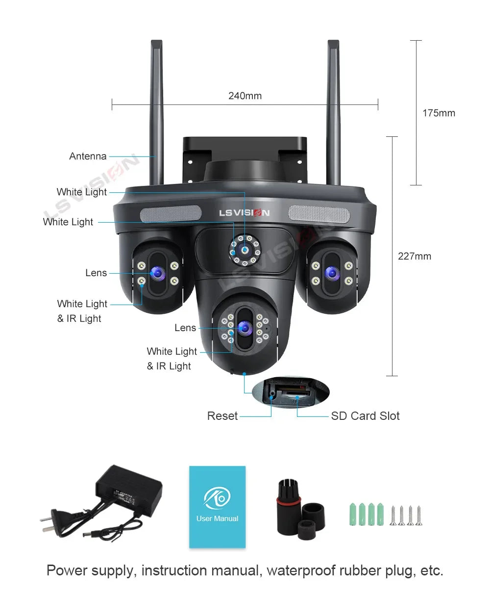 15MP WLAN IP Kamera mit 3 Objektiven – Outdoor, Auto-Tracking, OKam App