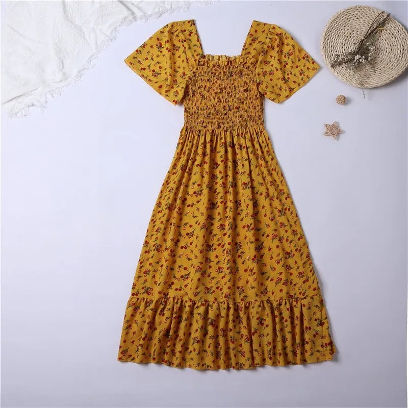 Frühlings-Sommer Chiffon Midikleid für Damen - Geblümt, Plissiert & Rückenfrei