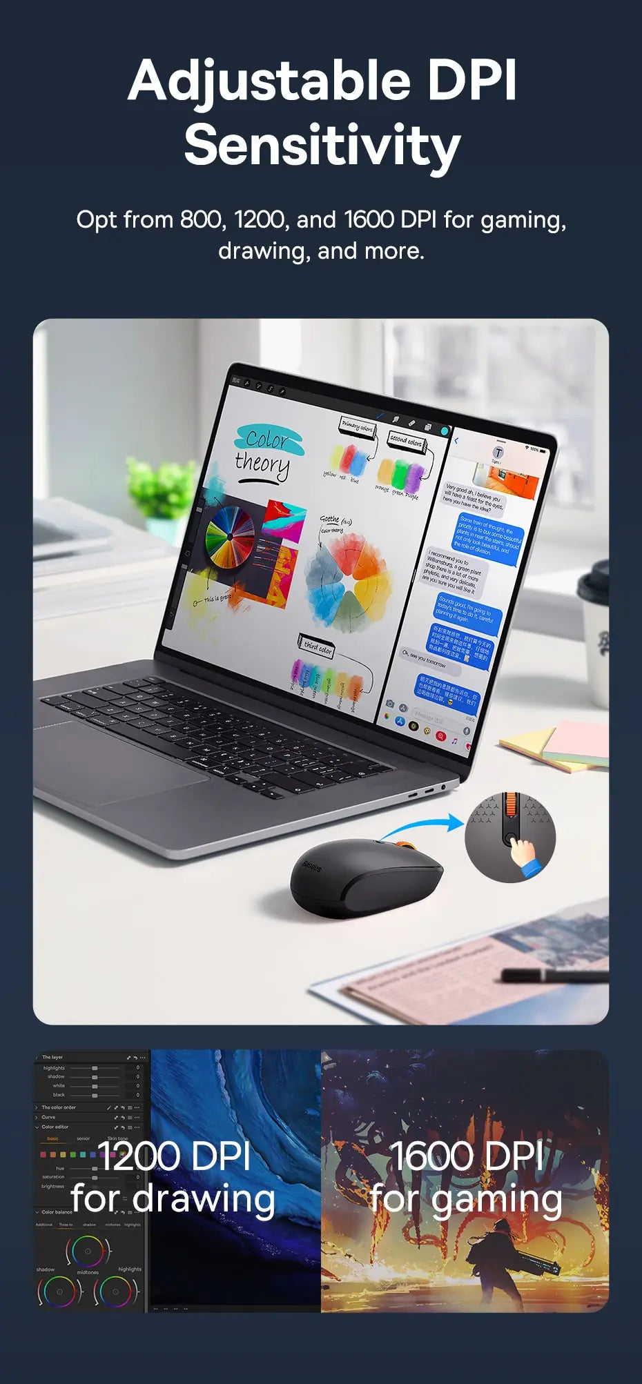 Baseus F01B Kabellose Maus - Bluetooth 5.0 & 2.4G - 1600 DPI Leiser Klick - Kompatibel mit MacBook, Tablet, Laptop, PC