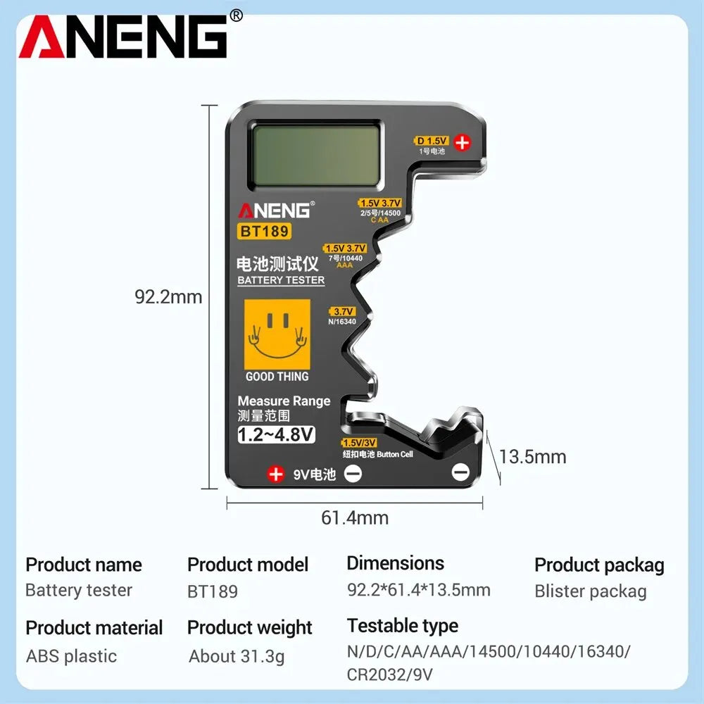 ANENG BT189 Universal Batterietester – 9V, N, D, C, AA, AAA Knopfzellen mit LCD-Anzeige