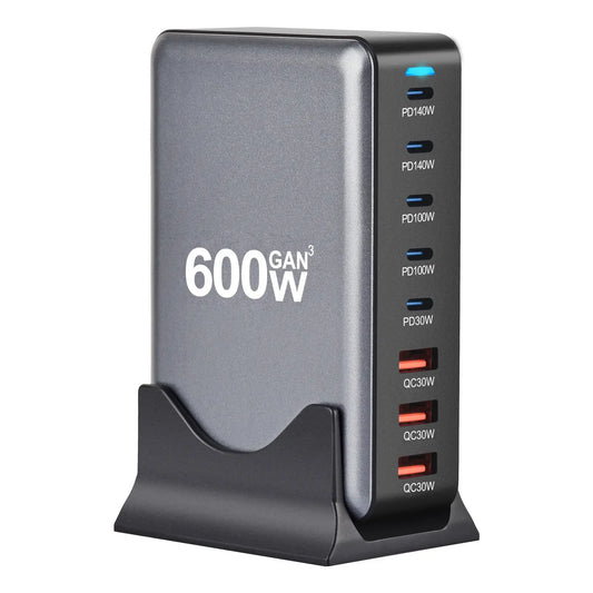 8-Port GaN USB-C Tisch-Ladestation (320W-600W) | PD Schnellladegerät für Laptop & Handy
