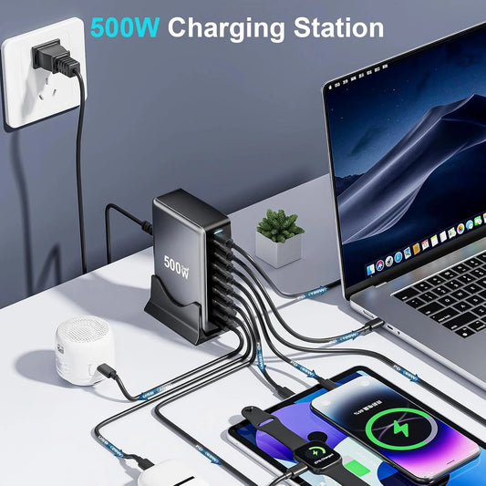 8-Port GaN USB-C Tisch-Ladestation (320W-600W) | PD Schnellladegerät für Laptop & Handy