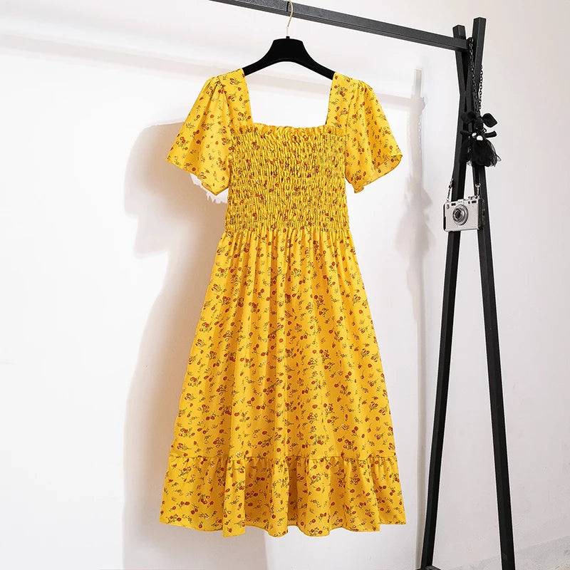 Frühlings-Sommer Chiffon Midikleid für Damen - Geblümt, Plissiert & Rückenfrei