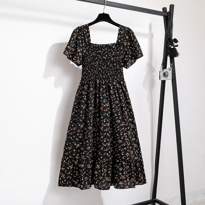 Frühlings-Sommer Chiffon Midikleid für Damen - Geblümt, Plissiert & Rückenfrei