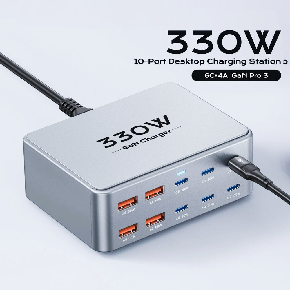 Chargeur de bureau USB-C 330 W GaN 10 ports PD3.0 QC3.0 pour MacBook, iPhone, Samsung ✨🔋