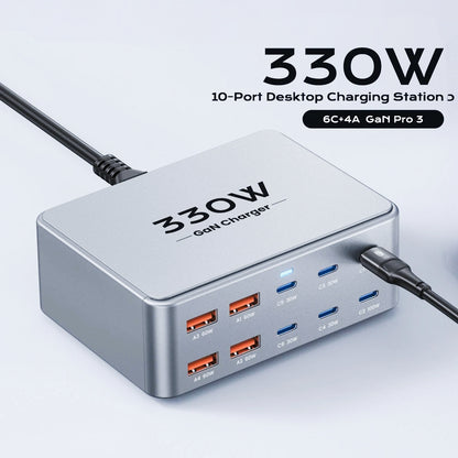 Chargeur de bureau USB-C 330 W GaN 10 ports PD3.0 QC3.0 pour MacBook, iPhone, Samsung ✨🔋