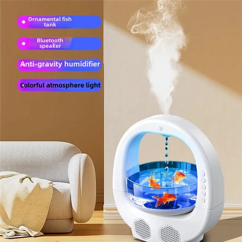 Frontansicht eines eleganten Bluetooth-Lautsprechers kombiniert mit einem Luftbefeuchter und farbwechselndem Stimmungslicht, ideal als Raumdekoration.