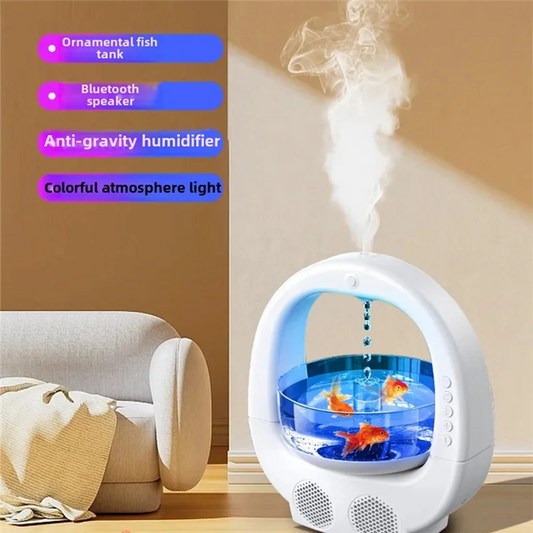 Frontansicht eines eleganten Bluetooth-Lautsprechers kombiniert mit einem Luftbefeuchter und farbwechselndem Stimmungslicht, ideal als Raumdekoration.