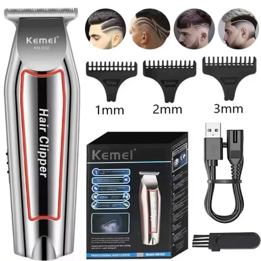 Kemei KM-032 grooming kit showing the electric trimmer and included cutting nozzles