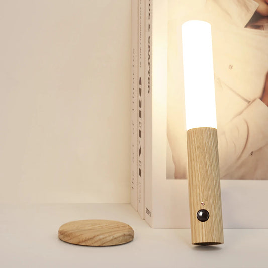 USB rechargeable motion sensor LED night light mounted on a wall, illuminating a hallway.